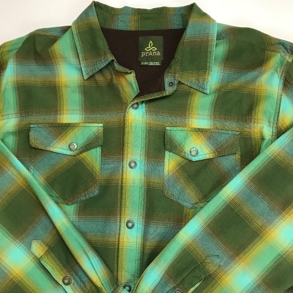 Prana Men XL  100% Organic Cotton Green Multi-Color Plaid Shirt